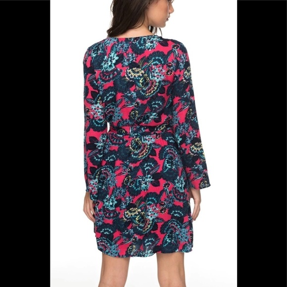 ROXY WOMENS FLORAL PRINT PINK/BLUE LONG SLEEVE WRAP DRESS SIZE S - Picture 2 of 15